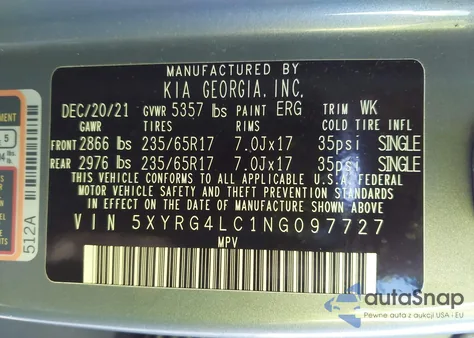 2022 Kia Sorento Lx z USA, uszkodzony, nr VIN 5XYRG4LC1NG097727